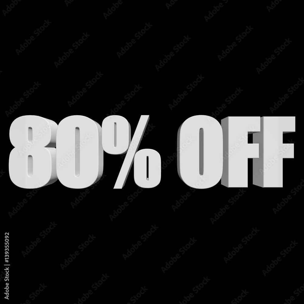80 percent off letters on black background. 3d render isolated. 80 percent off letters on black background. 3d render isolated.