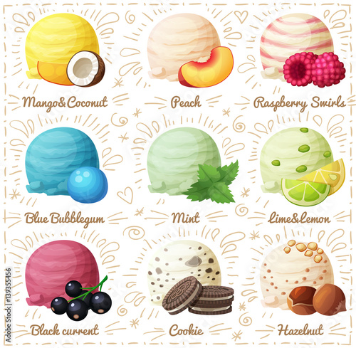 Set of cartoon vector icons isolated on white background. Ice cream scoops with different fruit and berry flavors