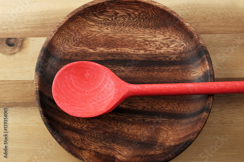 Still life with red wooden spoon, plate and board. photo