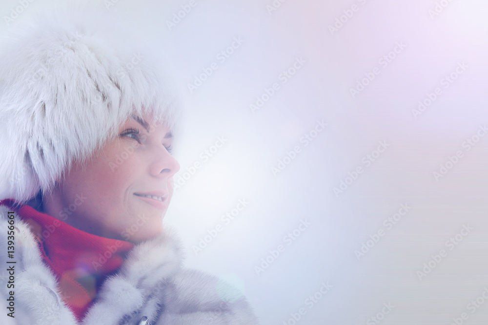 Beautiful girl in a white fur coat and red scarf Beautiful girl in a white fur coat and red scarf