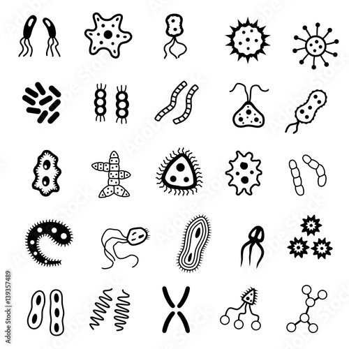 Set of bacteria and virus icons. Icons of harmful bacteria, fungus and other vermin. Vector illustration.