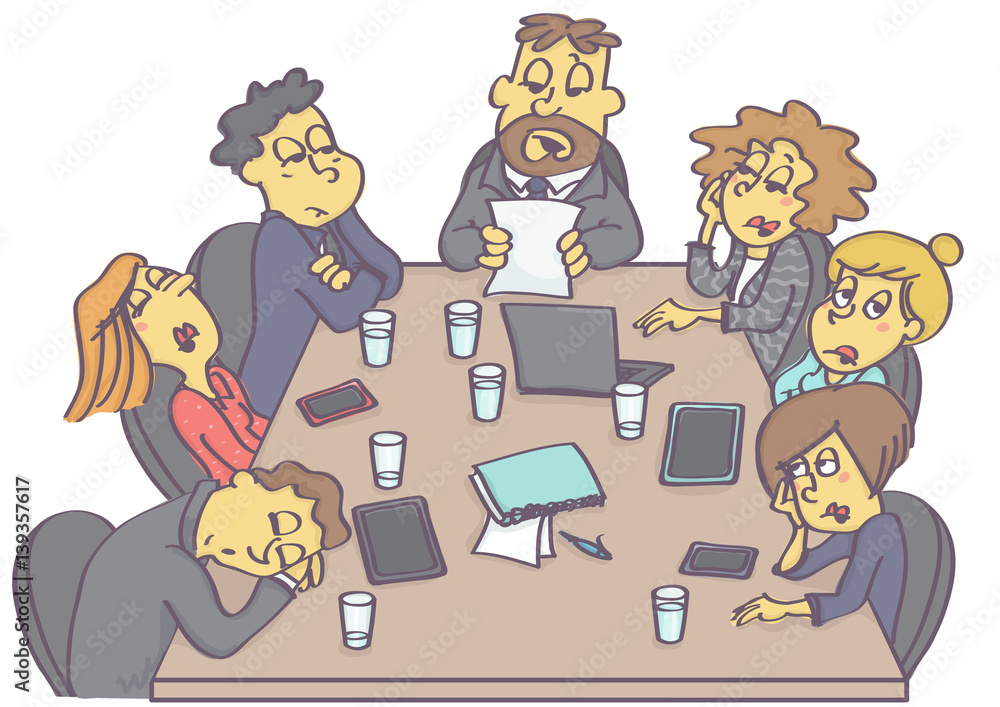 Exhausting business meeting with sleepy employees and boring manager or boss. Exhausting business meeting with sleepy employees and boring manager or boss.