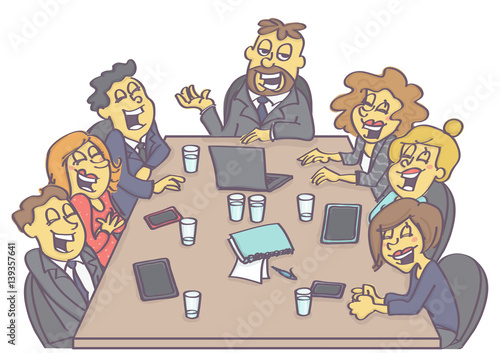 Casual business meeting with relaxed, laughing employees and amusing boss or manager.