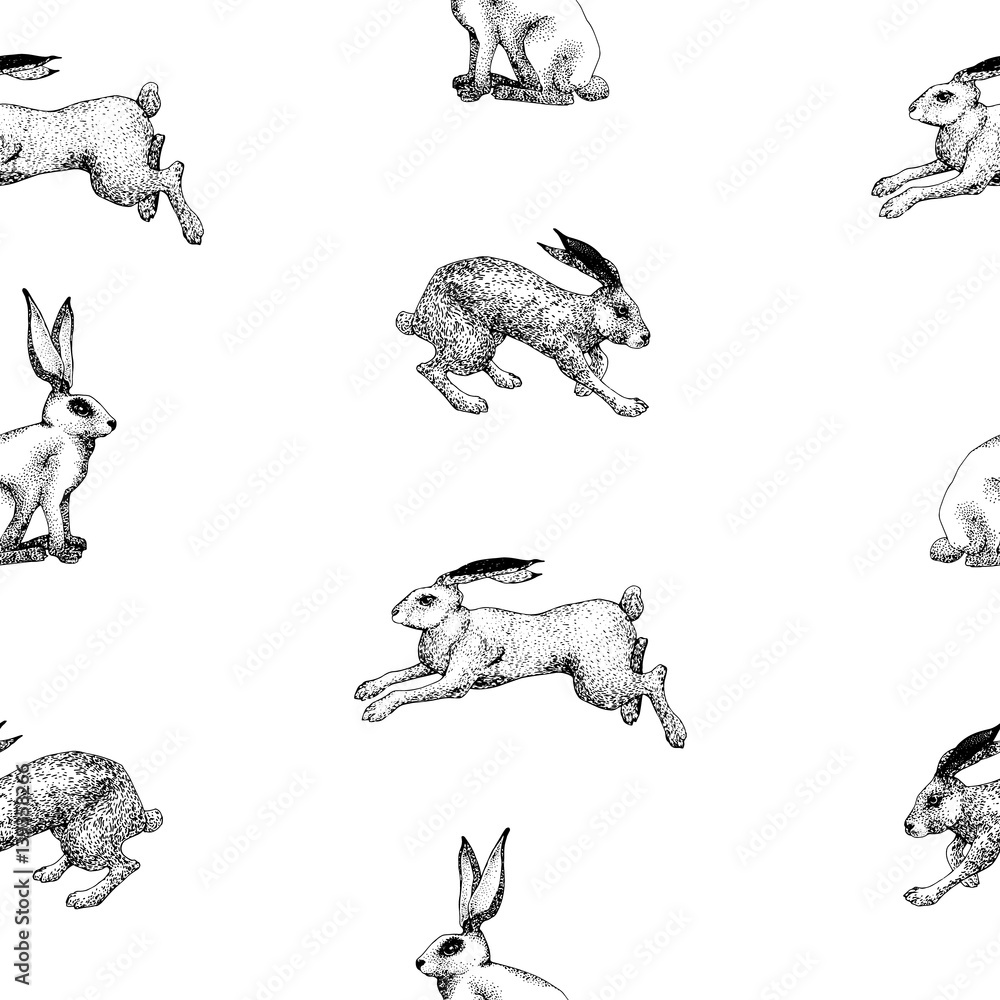 Vector hand drawing the pattern with rabbits silhouette in vintage ...