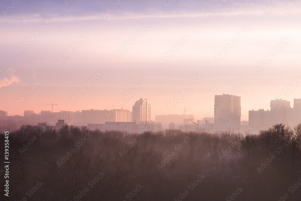 City skyline in the misty morning.