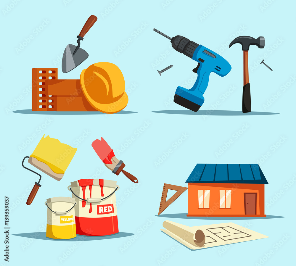 Drill and hammer, home with ruler and brush Stock Vector | Adobe Stock
