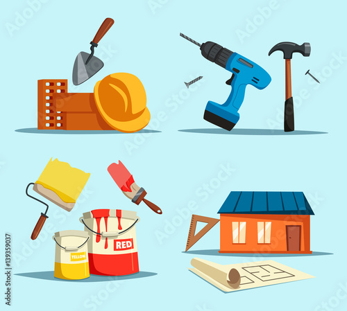 Drill and hammer, home with ruler and brush