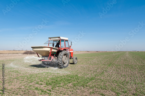 Farmer in tractor fertilizing wheat field at spring with npk