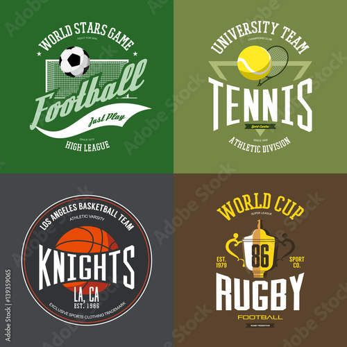 Tennis racket, soccer, basketball ball, rugby cup