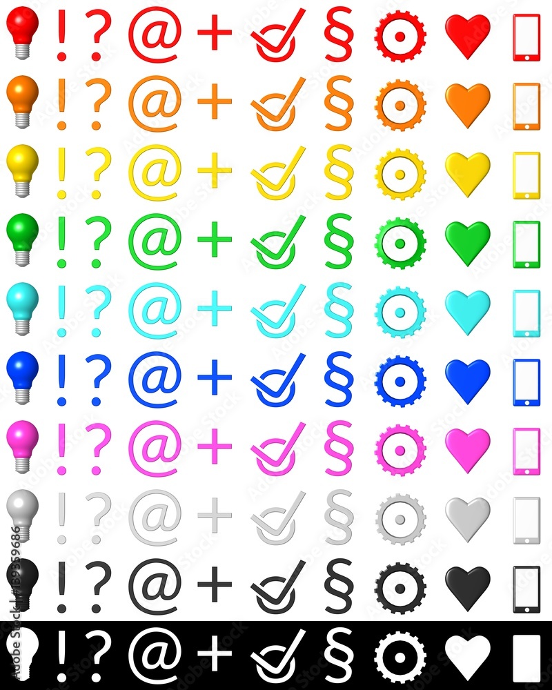 question mark exclamation mark idea bulb et plus tick clasp hook check mark tick mark paragraph crotchet gear option options heart mobile phone colored 3d isolated business symbol 
