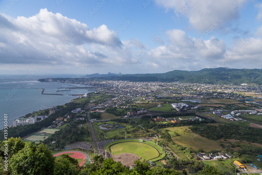 Ibusuki town landscape view and blue sky from hill top