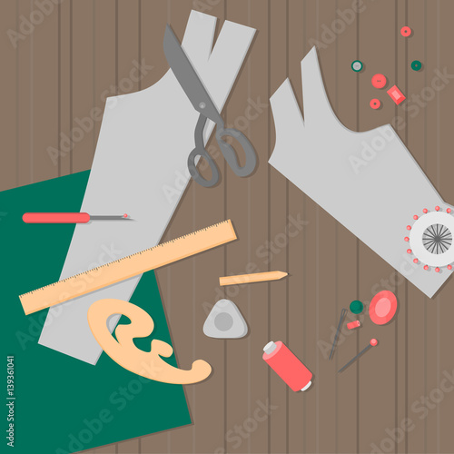 Sewing workshop equipment. Flat tailor shop design elements. Tailoring industry dressmaking tools icons. Fashion designer sew items top view