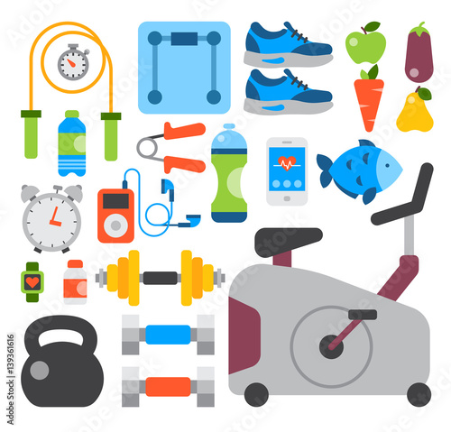 Flat icons set of fitness sport and healthy lifestyle exercise diet food supplements well-being body modern design style vector icons collection.