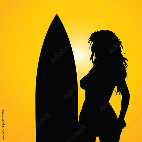 girl with surfboart silhouette on yellow background