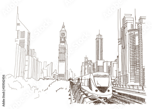 Sketch of Dubai metro with building in vector illustration.