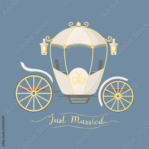 Fairy tale vintage carriage decoration royal element retro wedding coach with classic elegant accessory vector illustration.