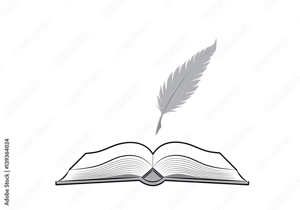 Open book and feather pen. Drawing of pen on white background in doodle  style. Concept for education. Stock Vector