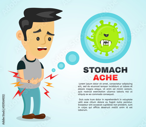 Young sick man having stomach ache, food poisoning, stomach problems, abdominal pain . Vector flat cartoon character illustration infographic. Medical concept. Angry bacteria in the stomach