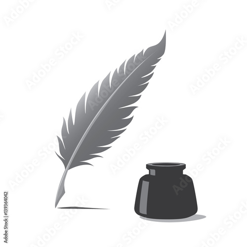 Feather pen and inkwell. Drawing of ancient pen on white background in doodle style. Concept for education.