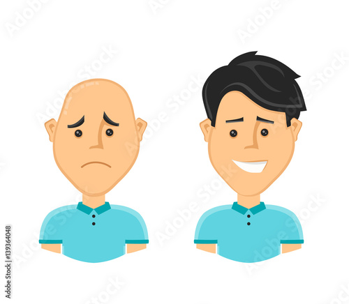 sad bald man and a happy man with a beautiful luxuriant long hair. Vector design flat cartoon character illustration. Isolated on white background. baldness concept