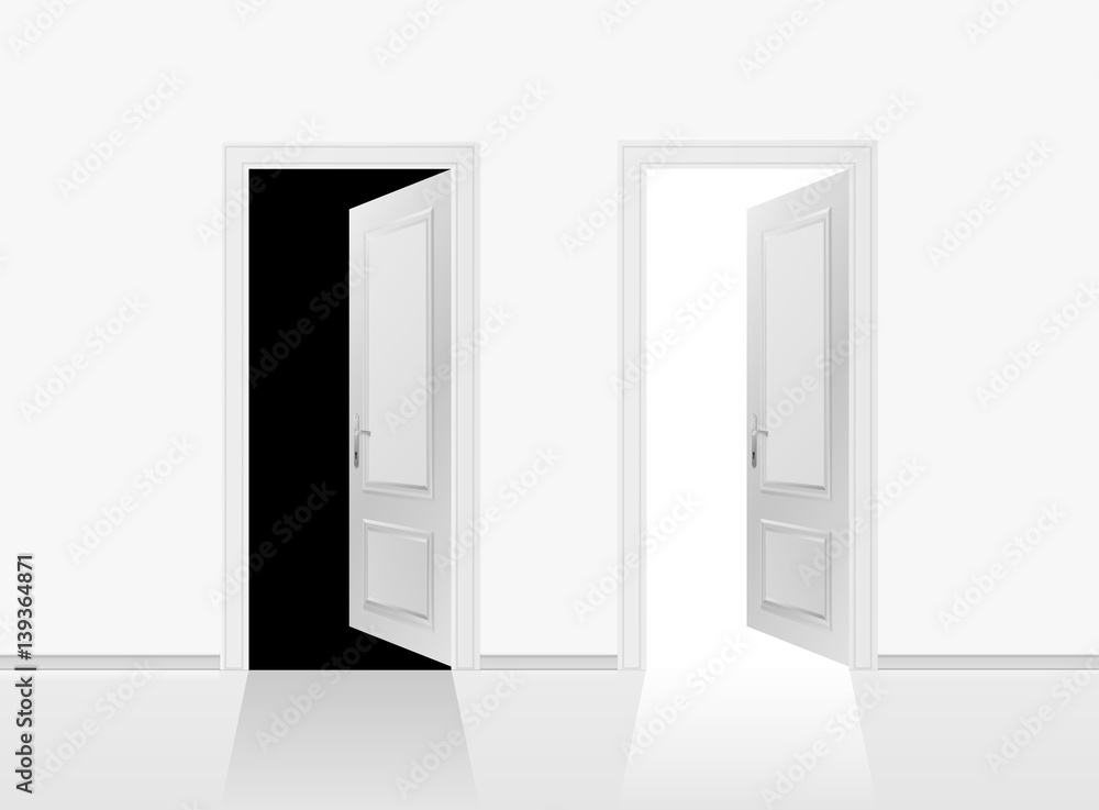 Two open doors on the gray wall background. Vector illustration. Two open doors on the gray wall background. Vector illustration.
