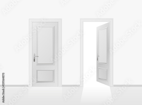 Open and closed the door on the gray wall background. Vector illustration.