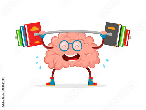 train your brain. brain vector cartoon flat illustration fun character creative design. education,science,smart,brain books fitness concept.train lifts with book barbell. isolated on white background