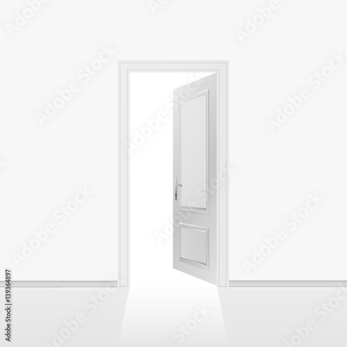 Grey wall with opened door. Vector illustration.