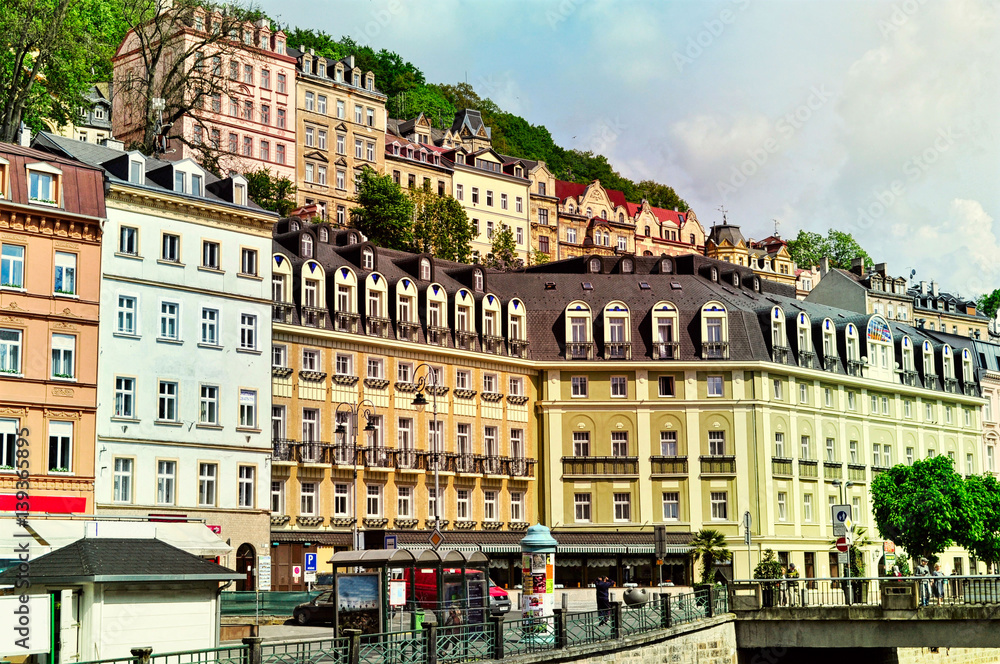 Old colorful buildings in Karlovy Vary, Czech Republic. European city center