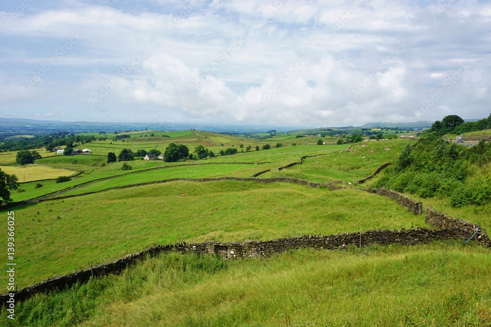 Stone walls in fields in an English countryside landscape