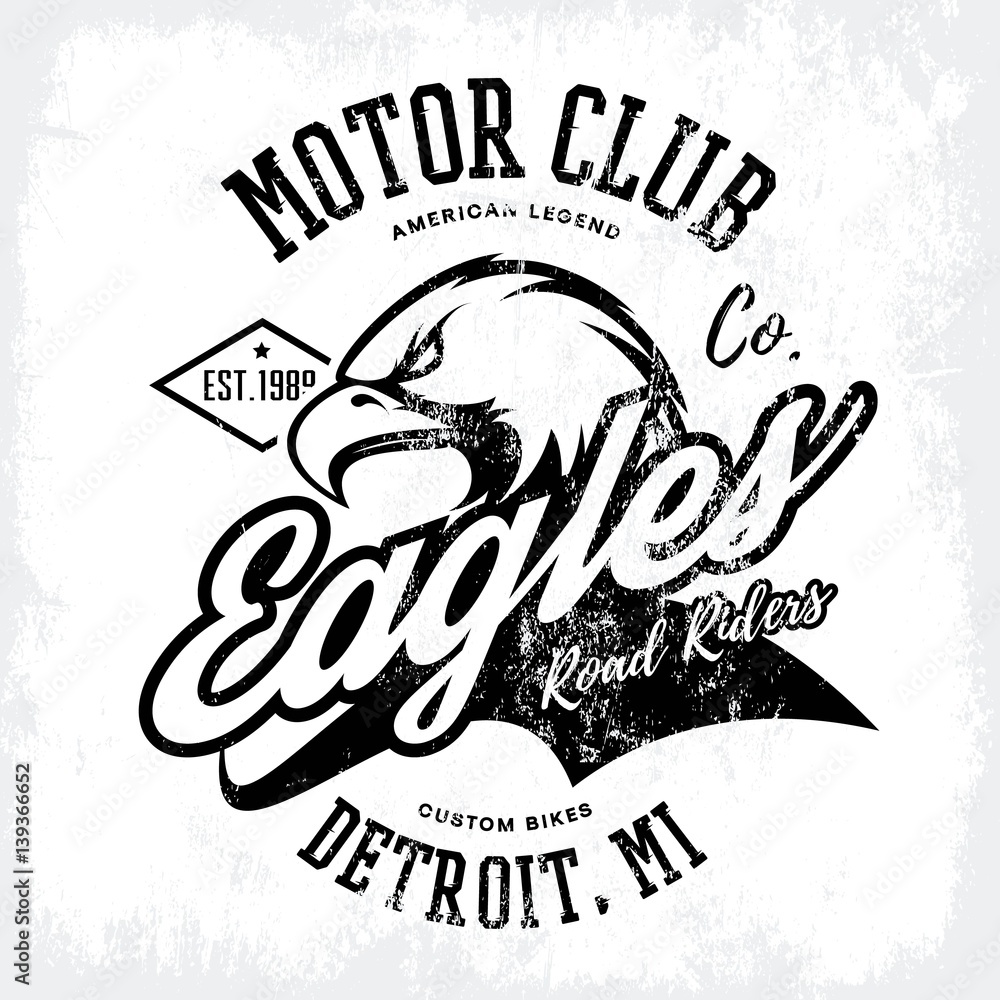 Obraz premium Vintage American furious eagle custom bike motor club tee print vector design isolated on white background. Premium quality wild bird superior logo concept illustration