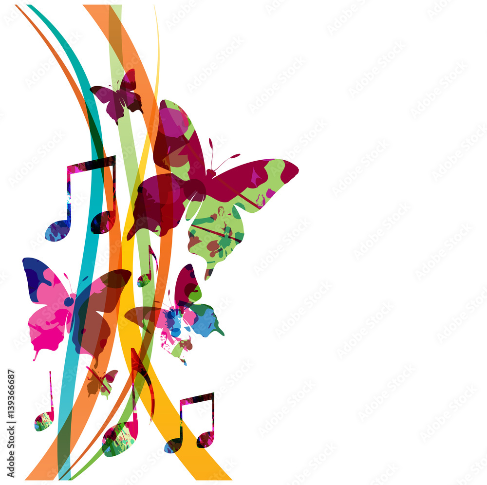 Fototapeta Kolorowe nuty z ilustracji wektorowych motyle na białym tle. Tło muzyczne na plakat, broszurę, baner, ulotkę, koncert, festiwal muzyczny