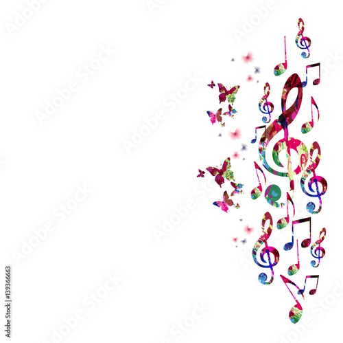 Colorful music notes with butterflies isolated vector illustration. Music background for poster, brochure, banner, flyer, concert, music festival