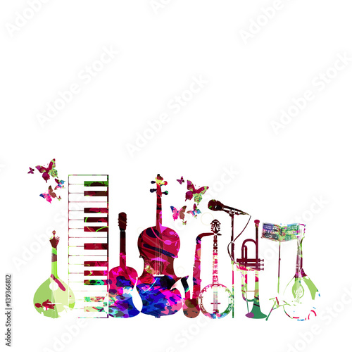 Colorful music instruments isolated vector illustration. Piano keyboard, guitar, trumpet, microphone, saxophone, violoncello, banjo, traditional Portuguese guitar, mandolin, music stand isolated