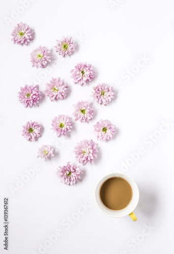 Floral pattern with several colorful flowers and coffee