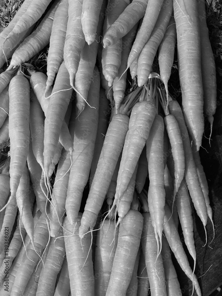Bündel mit frischen Möhren oder Karotten im Sonnenschein auf dem Markt ...