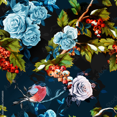Roses, peony, rowan-berry with leaves and bird on dark. Watercolor. Seamless background pattern. Vector - stock.