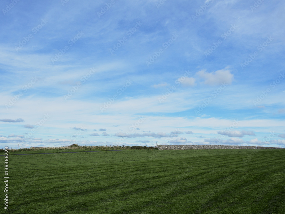 Freshly cut field in a park under blue cloudy sky..