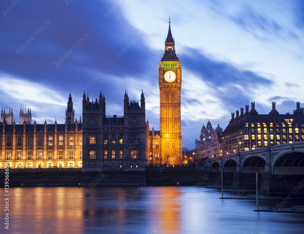Big Ben and Houses of Parliament at a beautiful sunset landscape, London City. United Kingdom
