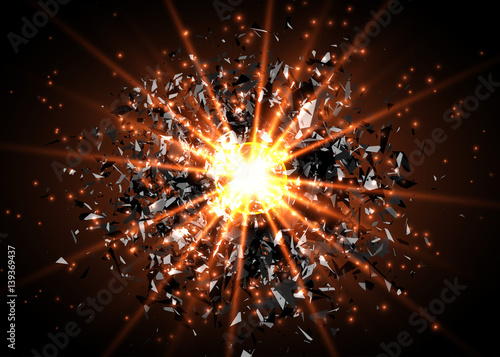 Vector abstract explosion background. Bright blast in dark. Glowing bright light. Digital graphic for brochure, website, flyer, print, poster, other design.