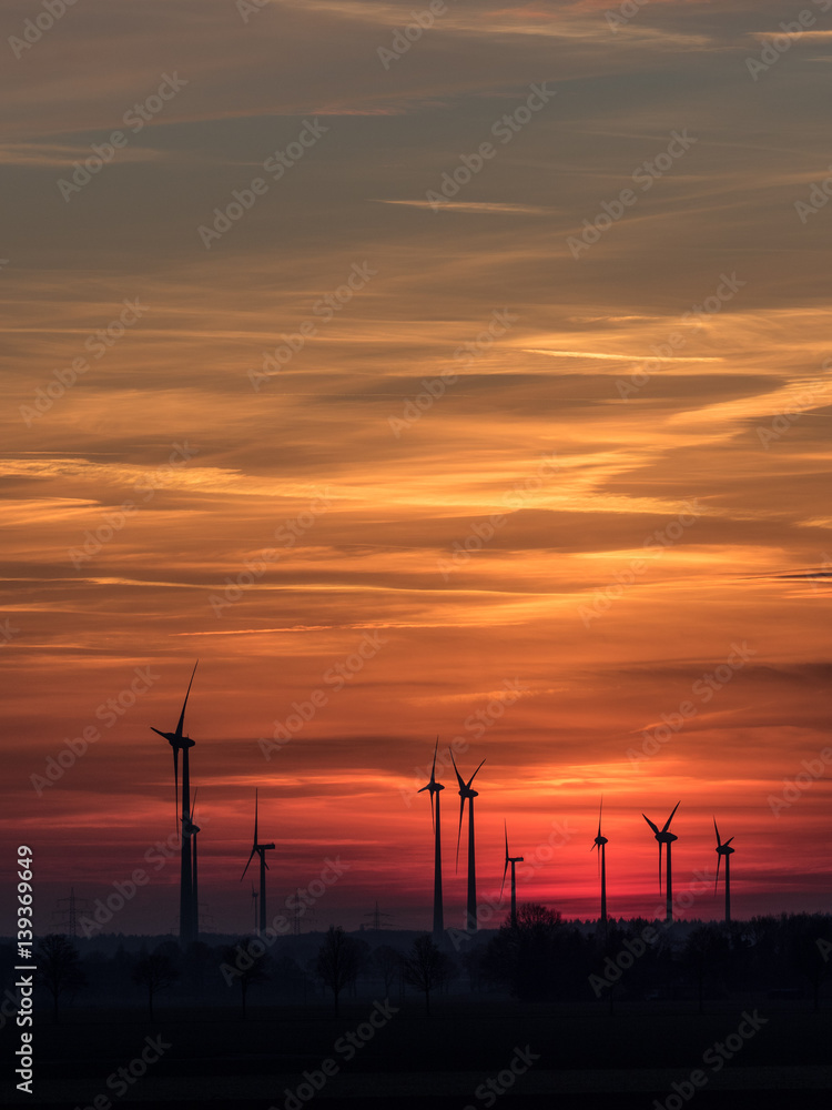 Wind power plants at sundown