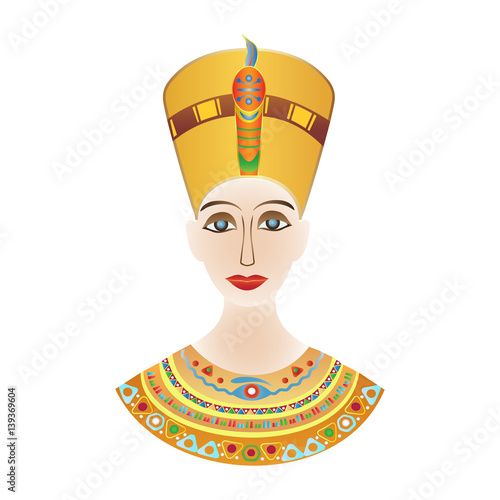 Egyptian pharaoh Cleopatra or Nefertiti in colored patterns, with jewels and a crown on his head.