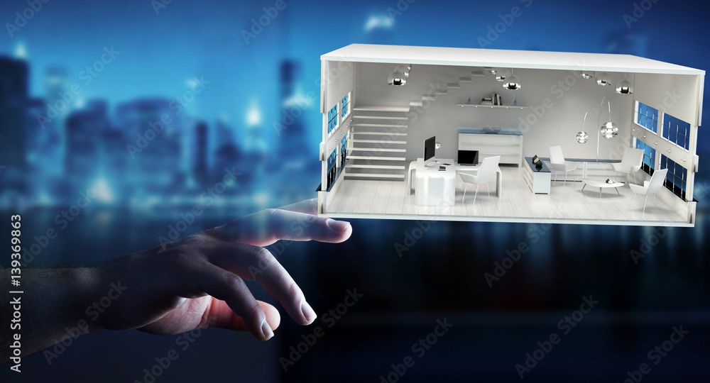 Businessman touching white 3D rendering apartment Businessman touching white 3D rendering apartment