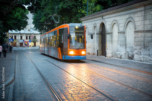 Tram on european city street