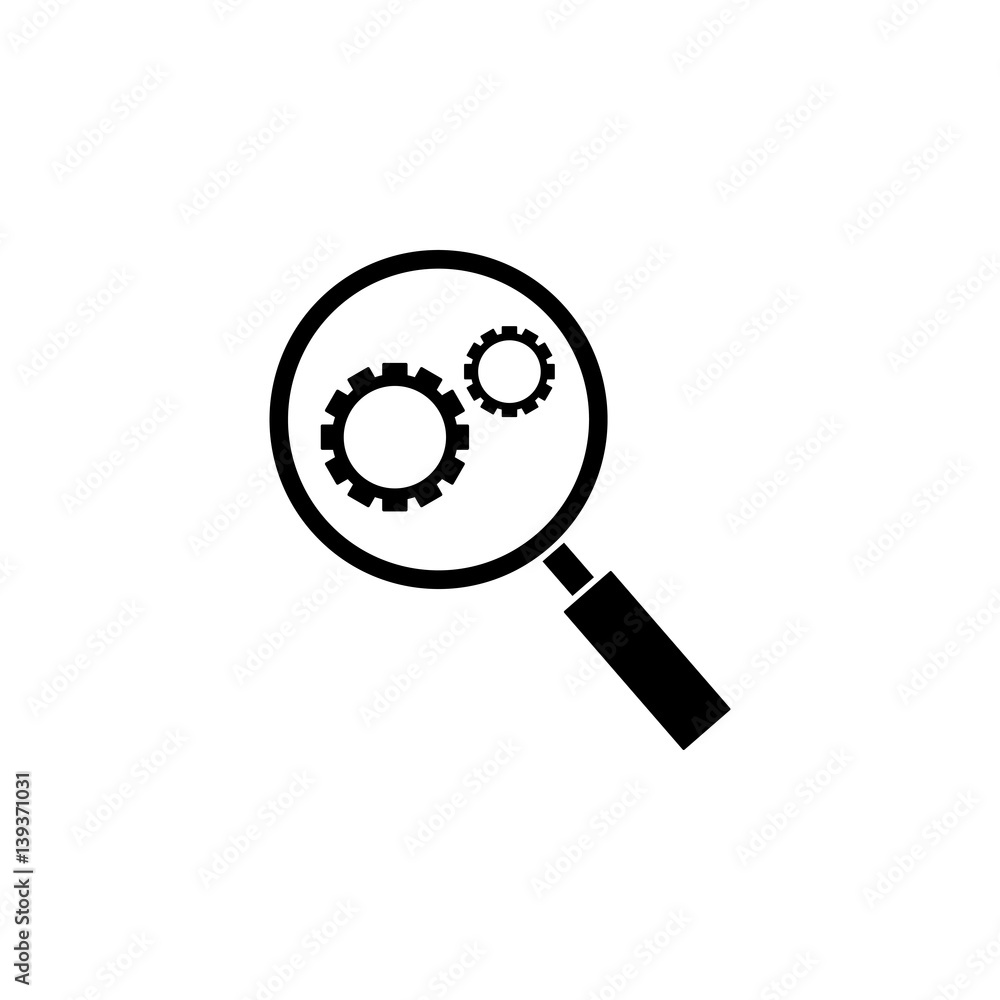 Research optimization solid icon, seo & development, Magnifier with cog, a filled pattern on a white background, eps 10. Research optimization solid icon, seo & development, Magnifier with cog, a filled pattern on a white background, eps 10.