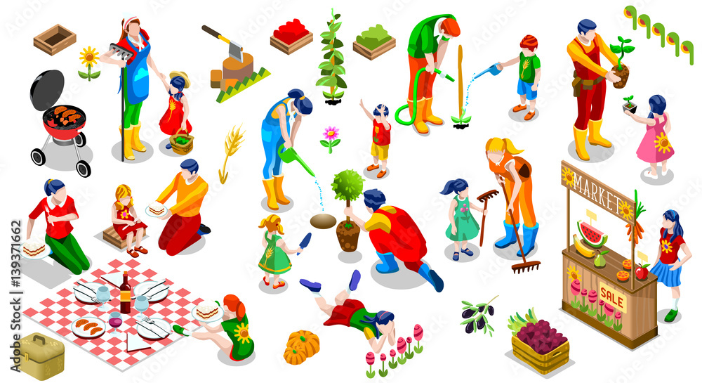 Farmer Man and Kids Planting Tree. 3D Isometric People Country Family Icon Set. Outdoor Family Bbq Party. Child Market Stand Display Fruit and Vegetables. Farming Vector Illustration