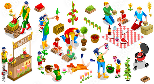 Farmer Man and Kids Planting Tree. 3D Isometric People Country Family Icon Set. Outdoor Family Bbq Party. Child Market Stand Display Fruit and Vegetables. Farming Vector Illustration