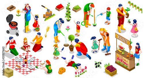 Farmer Man and Kids Planting Tree. 3D Isometric People Country Family Icon Set. Outdoor Family Bbq Party. Child Market Stand Display Fruit and Vegetables. Farming Vector Illustration