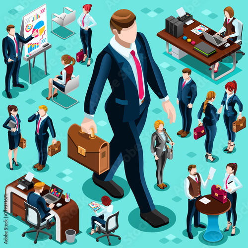 Isometric people walking businessman isolated meeting management staff crowd infographic. 3D boss person icon set. Creative design vector illustration collection
