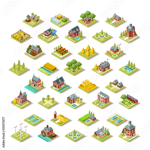 Isometric farm house building stuff farming agriculture scene. 3D icon set collection vector illustration for infographic or android video game